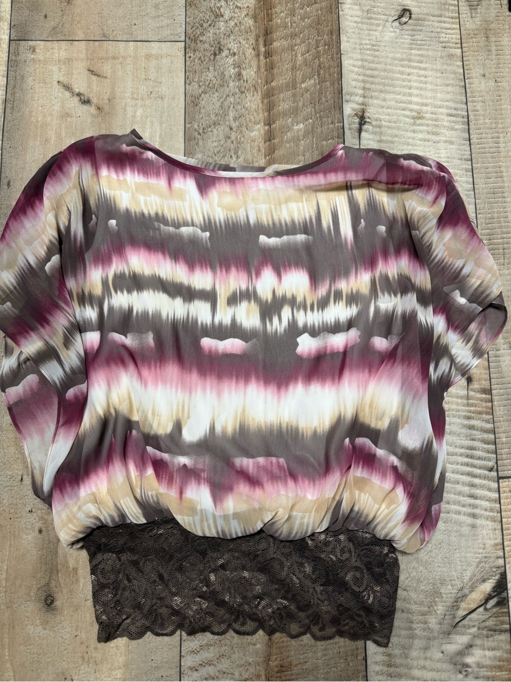 Dress Barn Pink, Taupe & Cream Tie-Dye Lace-Hem Blouson Top